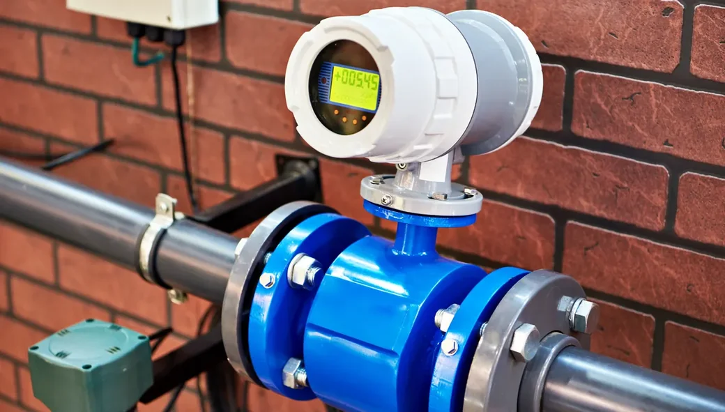 Medidor de vazão eletromagnético azul instalado em tubulação